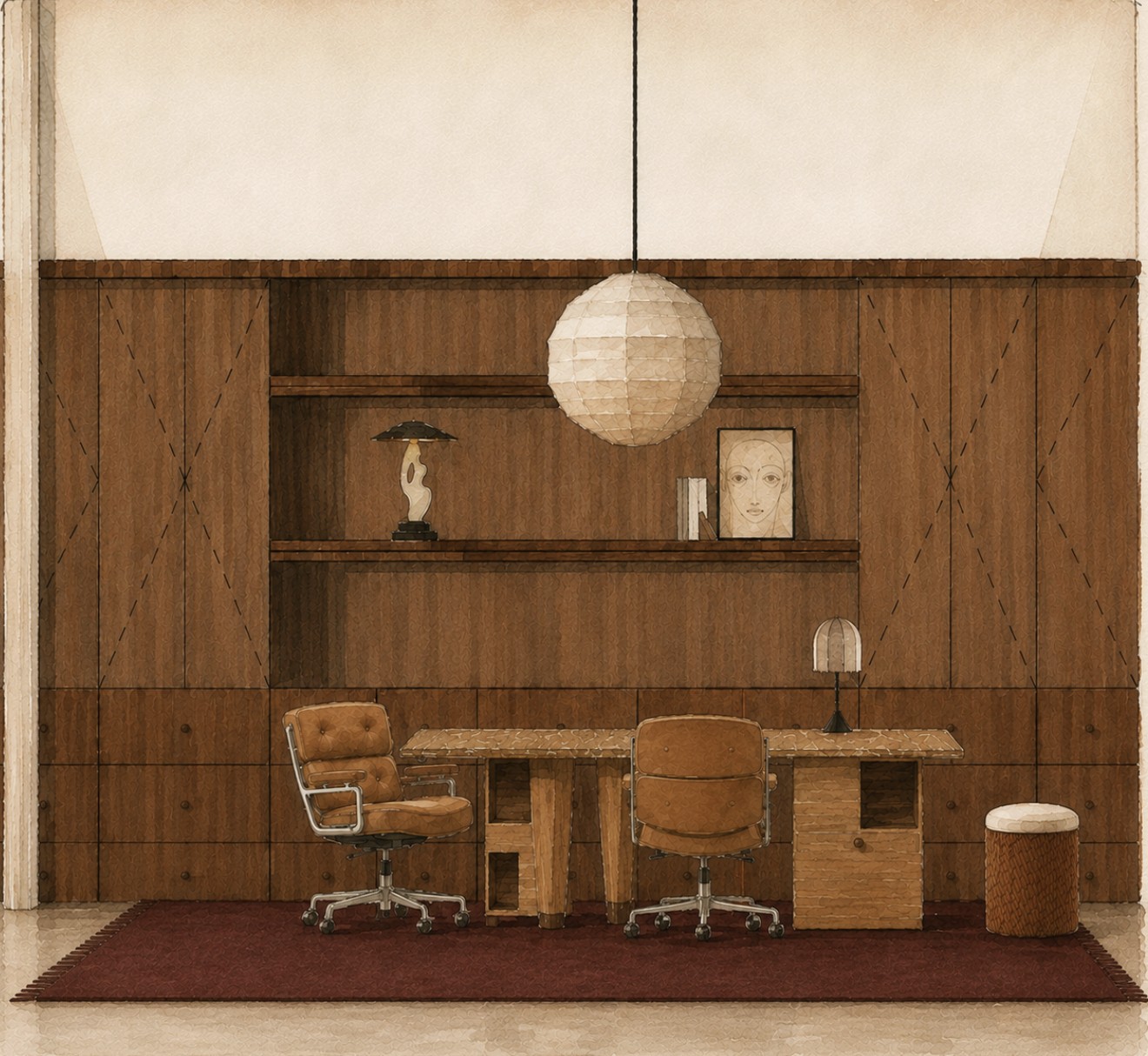 Office design with timber shelving and sculptural pendant lighting