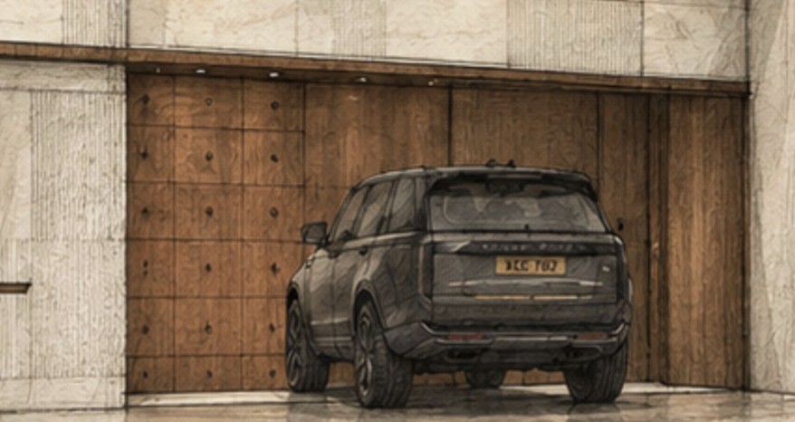 Exterior design with timber doors and a brick facade
